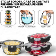Set 15 Caserole Alimentare din sticla NextWave®️ Capace Etanse, Depozitare Frigider si Congelator, Potrivite pentru Microunde, Fara BPA, Organizare Bucatarie, Inchidere cu 4 Clipsuri, Usor de Curatat, Transparent