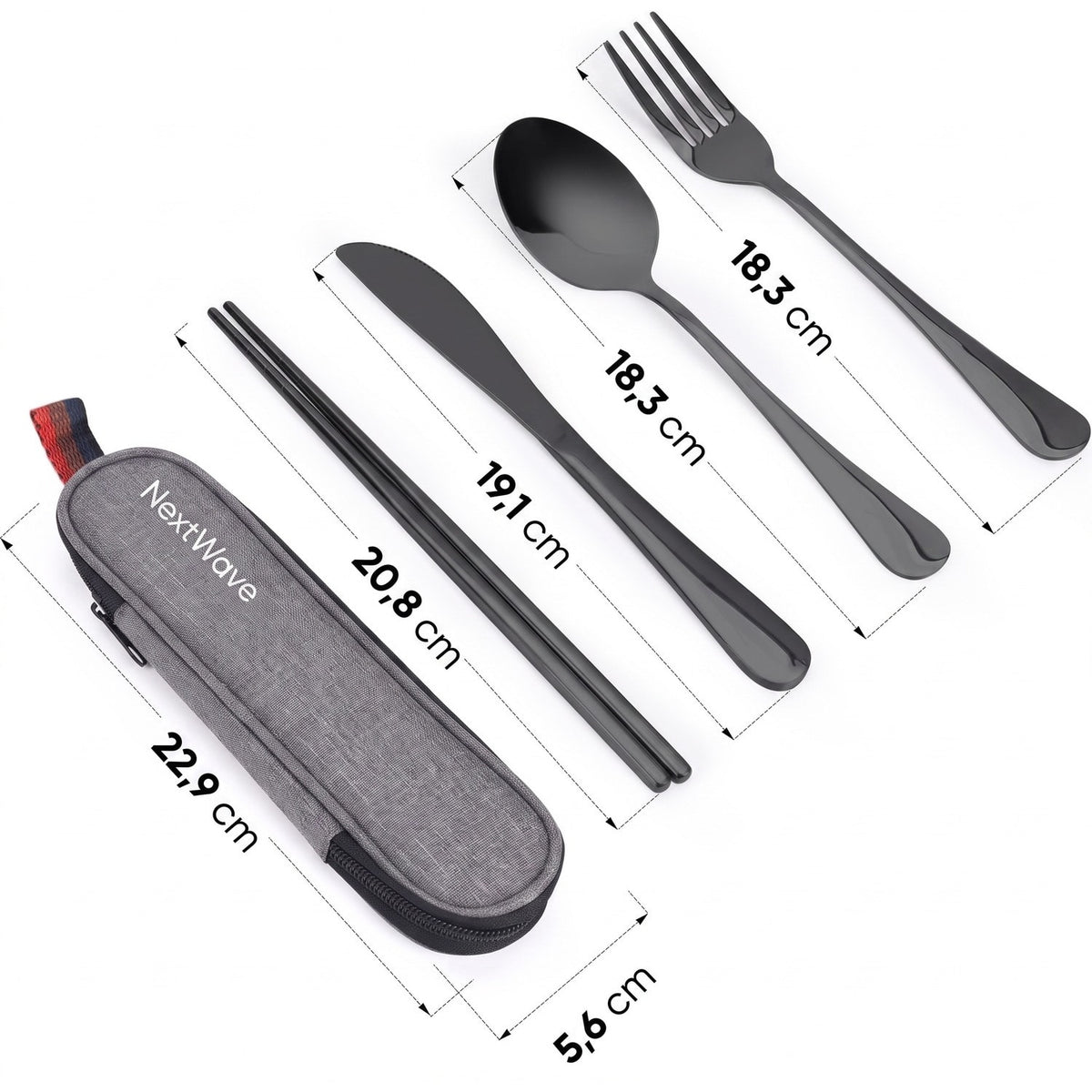 Set tacamuri de calatorie NextWave®, portabile si reutilizabile, fara zgomot la transport, cutit, furculita, lingura si betisoare antiderapante, din otel inoxidabil 18/8, pentru birou, camping si picnic, set 5 piese cu husa impermeabila, negru