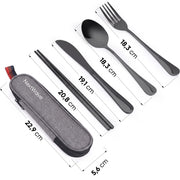 Set tacamuri de calatorie NextWave®, portabile si reutilizabile, fara zgomot la transport, cutit, furculita, lingura si betisoare antiderapante, din otel inoxidabil 18/8, pentru birou, camping si picnic, set 5 piese cu husa impermeabila, negru