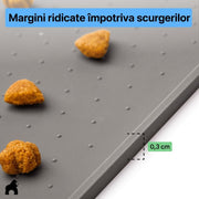 Covoras pentru hranirea animalelor NextWave®️, protejeaza podelele, 100% impermeabil, margini ridicate de 0, 3 cm impotriva scurgerilor, suprafata antiderapanta, din silicon alimentar fara BPA, pentru boluri pisici si caini, 47 x 30 cm, gri