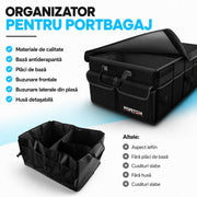 Organizator portbagaj auto NextWave®, pliabil, capacitate 45 L, 2 compartimente spatioase, material Oxford 600D, baza antiderapanta, curele de fixare, capac detasabil si manere ranforsate, pentru cumparaturi si accesorii, negru, 53 x 33 x 27 cm