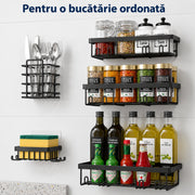 Raft de baie NextWave® la set, 5 piese cu 3 etajere pentru dus, 1 suport pentru sapun si 1 suport pentru periute de dinti, din otel inoxidabil rezistent la rugina, montare autoadeziva fara gaurire, pentru sampon si accesorii