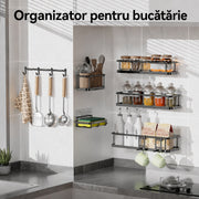 Raft de baie NextWave® la set, 5 piese cu 3 etajere pentru dus, 1 suport pentru sapun si 1 suport pentru periute de dinti, din otel inoxidabil rezistent la rugina, montare autoadeziva fara gaurire, pentru sampon si accesorii, negru