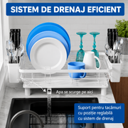 Scurgator vase cu suport scurgere automata NextWave®️, Suport pentru vase, multifunctional, suport pentru tacamuri si pahare, spatiu depozitare, 43 x 33 x 12 cm, Alb