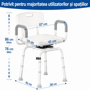 Scaun de dus NextWave®, rotativ la 360°, reglabil pe inaltime, cu spatar si cotiere, cadru rezistent din aluminiu, picioare antiderapante, montaj fara unelte, pentru varstnici si persoane cu mobilitate redusa, capacitate 159 kg, gri