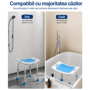 Scaun de dus NextWave® pentru baie si cada, reglabil pe inaltime, cadru rezistent din aluminiu, sezut confortabil, picioare antiderapante cu ventuze, suport pentru para de dus, destinat varstnicilor si persoanelor cu mobilitate redusa, albastru