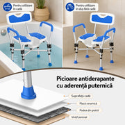 Scaun de dus NextWave®, reglabil pe inaltime, cu spatar, cotiere si sezut moale captusit cu EVA, scaun de baie pentru varstnici si persoane cu mobilitate redusa, cadru din aluminiu, picioare antiderapante, capacitate 227 kg, albastru