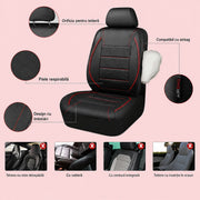 Set huse auto pentru scaune fata NextWave®, 4 piese, piele ecologica impermeabila cu burete moale de 5 mm, compatibile cu airbag si tetiere detasabile, protectie impotriva murdariei si zgarieturilor, potrivire universala, negru-rosu
