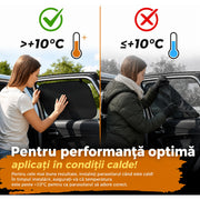 Parasolar auto NextWave® pentru geam lateral, set 2 bucati, protectie UV certificata UPF 50+, blocheaza 98,6% din razele UV, fixare statica fara ventuze, pentru bebelusi si copii, ideal pentru calatorii, reutilizabil, negru