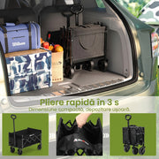 Carucior pliabil utilitar NextWave®️, capacitate mare de incarcare 99, 8 kg, roti pivotante la 360° pentru orice teren, maner telescopic reglabil, cadru din otel carbon si panza Oxford 300D, turistic pentru camping, plaja si gradina, 69x42x45, Negru