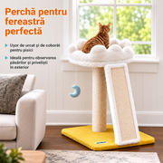 Ansamblu de joaca pentru pisici NextWave®, cu pat moale in forma de nor, platforma captusita, stalp si placa de zgariat din sisal natural, baza lata si stabila, jucarii suspendate in forma de stea si luna, 40 x 40 x 56 cm, alb