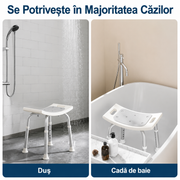 Scaun de dus NextWave® pentru baie si cada, reglabil pe inaltime, cadru rezistent din aluminiu, sezut confortabil, picioare antiderapante cu ventuze, suport pentru para de dus, destinat varstnicilor si persoanelor cu mobilitate redusa, gri