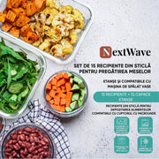 Set 15 Caserole Alimentare din sticla NextWave®️ Capace Etanse, Depozitare Frigider si Congelator, Potrivite pentru Microunde, Fara BPA, Organizare Bucatarie, Inchidere cu 4 Clipsuri, Usor de Curatat, Transparent