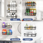 Raft de baie NextWave® la set, 5 piese cu 3 etajere pentru dus, 1 suport pentru sapun si 1 suport pentru periute de dinti, din otel inoxidabil rezistent la rugina, montare autoadeziva fara gaurire, pentru sampon si accesorii