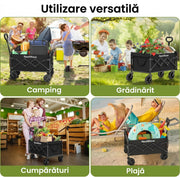 Carucior pliabil utilitar NextWave®️, capacitate mare de incarcare 99, 8 kg, roti pivotante la 360° pentru orice teren, maner telescopic reglabil, cadru din otel carbon si panza Oxford 300D, turistic pentru camping, plaja si gradina, 69x42x45, Negru
