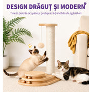 Stalp de zgariat pentru pisici NextWave®, cu sisal natural, baza interactiva stabila din placa pe baza de lemn, 4 mingi mobile si jucarie suspendata, pentru joaca si ingrijirea ghearelor, potrivit pentru pui si pisici mici, 38 x 25 x 45 cm, bej