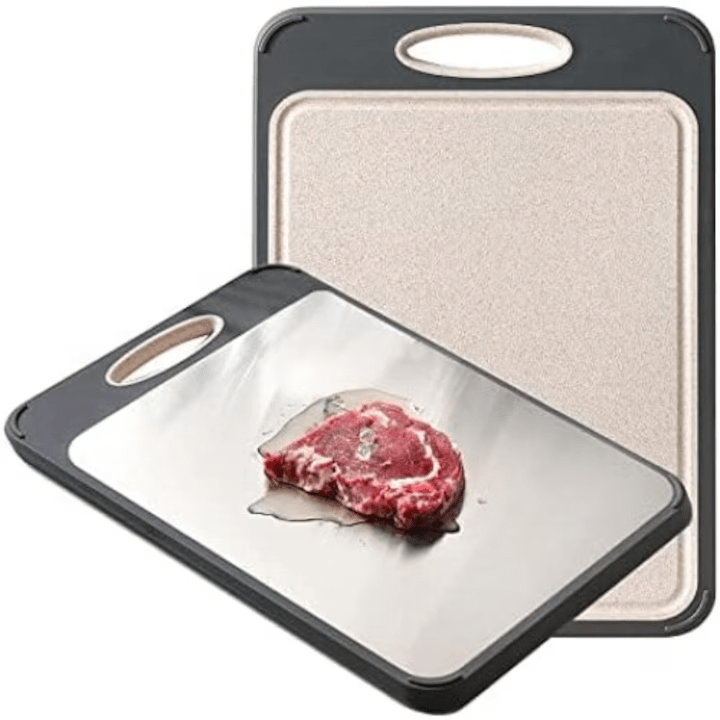 Tocator de bucatarie Dublu fata-verso, Decongelare Rapida, Fata otel inoxidabil 304 pentru carne, verso PP pentru legume, fructe, Usor de curatat, Scurgere suc, Macinare usturoi, Rezistent la Zgarieturi si Durabil, dimensiune mare 40x28 cm