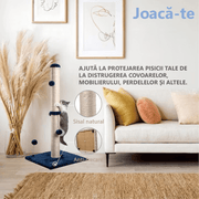 Ansamblu de joaca pentru pisici adulte sau pui, stalp pentru ascutit ghearelor, 2 bile suspendate, confectionat din sisan natural rezistent la zgarieturi, inaltime mare de 86 cm pentru protectia mobilei, albastru