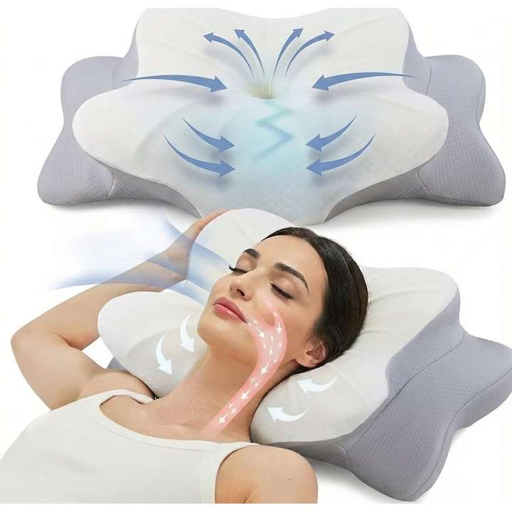 Perna ortopedica pentru dormit NextWave®, Spuma cu Memorie pentru suport Cervical, Ergonomica pentru Gat si Suport Cervical, Ideala pentru dormitul lateral, spate sau stomac, Husa detasabila lavabila Hipoalergenica