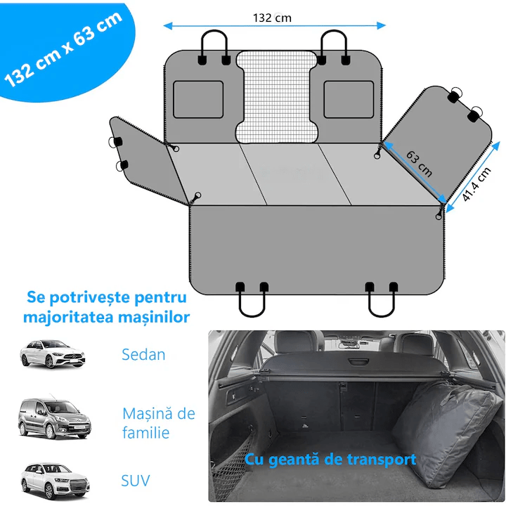 Husa scaune auto protectie si transport animale extinsa NextWave®️, insertie 3 placi pentru caini, pisici de toate taliile, rezistenta pana la 140 kg, pat animale, ofera protectie bancheta spate autoturism, Universala, Negru