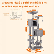 Ansamblu de Joaca pentru Pisici NextWave®, tip turn, 2 platforme de observatie, 3 niveluri, 2 casuta, 5 stalpi pentru zgariat, hamac, mingiute de joaca, captuseala extra moale, structura stabila si atractiva, inaltime 155 cm, gri