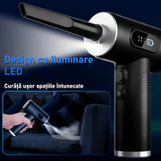 Suflanta aer si Aspirator fara Fir, 2-1 cu Acumulat, pentru Indepartare Praf PC, Par de animale, Tastatura, Gratar, Canapea, Obiectiv aparat Foto, Aer Conditionat, 100000 RPM, 7 tipuri de Duze, 3 nivele de putere, Lanterna LED, Afisaj LED, Negru
