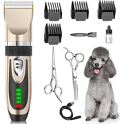 Masina de tuns animale de companie fara fir, Profesionala pentru caini, pisici, 2 viteze, zgomot redus, Afisaj nivel baterie reincarcabila, Acumulator trimmer 2000mAh, cablu usb, Silentioasa, Auriu