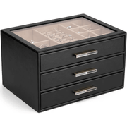 Cutie de bijuterii, organizator cu capac transparent, spatiu de depozitare 3 sertare pentru coliere, inele, cercei, lantisoare, bratari, interior catifelat, compartimentare multipla, piele ecologica neagra, 25 x 18 x 15 cm
