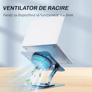 Suport Laptop Ergonomic, cu Sistem de Ventilatie prin Cooler, 3 viteze, Portabil, Stand Reglabil pe Inaltime, pentru Laptop si Tableta, compatibil cu toate Laptopurile 10-15.6'', cu Baza Rotativa 360°, Universal, Fabricat din Aluminiu