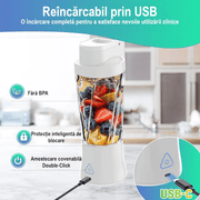 Mini Blender Electric Portabil NextWave™, Multifunctional, Auto-curatare, Autonomie Mare, Recipient detasabil cu capac, Baterie reincarcabila 6000mAh, 20.000 RPM, 240W, 650 ml, alb