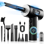 Suflanta aer si Aspirator fara Fir, 2-1 cu Acumulat, pentru Indepartare Praf PC, Par de animale, Tastatura, Gratar, Canapea, Obiectiv aparat Foto, Aer Conditionat, 100000 RPM, 7 tipuri de Duze, 3 nivele de putere, Lanterna LED, Afisaj LED, Negru