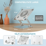 Suport Laptop Ergonomic, cu Sistem de Ventilatie prin Cooler, 3 viteze, Portabil, Stand Reglabil pe Inaltime, pentru Laptop si Tableta, compatibil cu toate Laptopurile 10-15.6'', Universal, Fabricat din Aluminiu