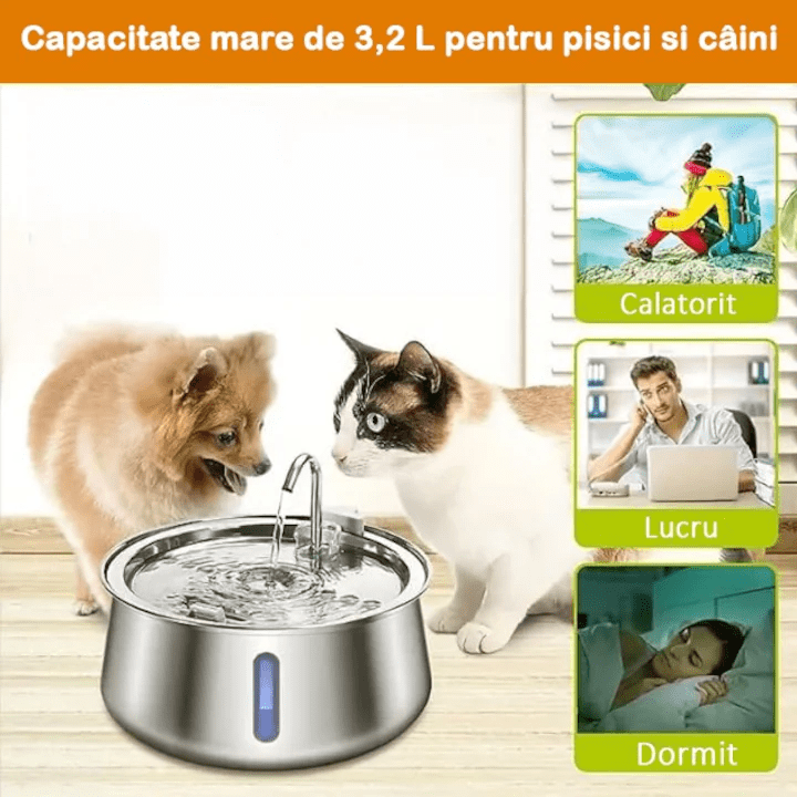 Dispenser apa automat tip fantana pentru pisici si caini, cu fereastra mare pentru nivelul apei, purificare si filtrare prin carbune activ, ultra-silentiosa, USB, adaptor priza, otel inoxidabil 304, Argintiu