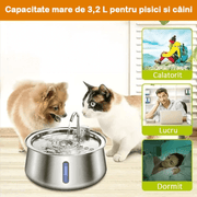 Dispenser apa automat tip fantana pentru pisici si caini, cu fereastra mare pentru nivelul apei, purificare si filtrare prin carbune activ, ultra-silentiosa, USB, adaptor priza, otel inoxidabil 304, Argintiu