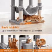 Ansamblu de Joaca pentru Pisici NextWave®, tip turn, 2 platforme de observatie, 3 niveluri, 2 casuta, 5 stalpi pentru zgariat, hamac, mingiute de joaca, captuseala extra moale, structura stabila si atractiva, inaltime 155 cm, gri