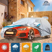 Prelata Auto Premium NextWave®️, Impermeabila, Protectie UV, Praf, Zapada, Inghet, Universala pentru Sedan, Buzunare Oglinzi, Fermoar Usa Sofer, Material Premium, Husa Saculet Depozitare