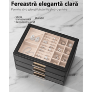 Cutie de bijuterii, organizator cu capac transparent, spatiu de depozitare 3 sertare pentru coliere, inele, cercei, lantisoare, bratari, interior catifelat, compartimentare multipla, piele ecologica neagra, 25 x 18 x 15 cm