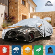 Prelata Auto Premium NextWave®️, Impermeabila, Protectie UV, Praf, Zapada, Inghet, Universala pentru Sedan, Buzunare Oglinzi, Fermoar Usa Sofer, Material Premium, Husa Saculet Depozitare