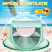 Cort de plaja pentru bebelusi NextWave®️, protectie solara UPF 50+, deschidere pop-up automata, plasa respirabila pentru ventilatie, perdea rulabila, 4 tarusi, geanta transport, din nailon 190T, pentru camping si plaja, 137.2 x 88.9 x 66 cm