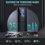 Compresor Auto Portabil Digital NextWave cu accumulator 25000mAh, 150PSI/10 Bari, Baterie Reincarcabila, pentru Anvelope Auto, Motociclete, Tubliss Enduro, Biciclete si Mingi, 4 moduri inteligente de unflare, oprire automata, power bank, lumina led, Negru
