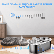 Dispenser apa automat cu Bol pentru mancare NextWave®, 2-1 tip fantana pentru pisici si caini, cu purificare si filtrare prin carbune activ, ultra-silentioasa, USB, adaptor priza, otel inoxidabil, capacitate 3L, Argintiu