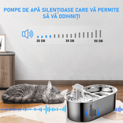 Dispenser apa automat cu Bol pentru mancare NextWave®, 2-1 tip fantana pentru pisici si caini, cu purificare si filtrare prin carbune activ, ultra-silentioasa, otel inoxidabil, capacitate 3L, USB, Argintiu