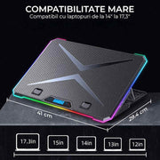 Stand De Racire pentru Laptop BeGenius® cu Suport pentru Telefon, 6 Ventilatoare ultra Silentioase, Cooler Laptop Gaming, Iluminare RGB, 10-45 grade, 2 Porturi USB, pentru Laptopuri pana la 17.3 inch, Negru