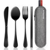 Set tacamuri de calatorie NextWave®, portabile si reutilizabile, fara zgomot la transport, cutit, furculita, lingura si betisoare antiderapante, din otel inoxidabil 18/8, pentru birou, camping si picnic, set 5 piese cu husa impermeabila, negru
