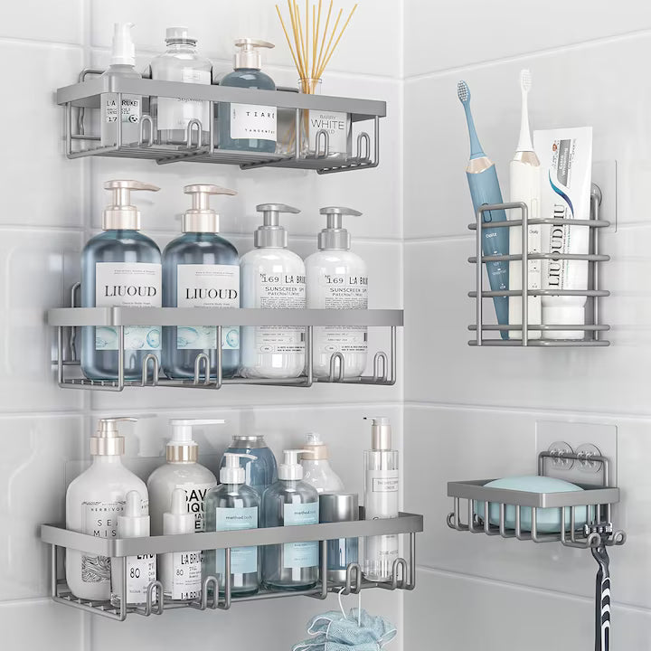 Raft de baie NextWave® la set, 5 piese cu 3 etajere pentru dus, 1 suport pentru sapun si 1 suport pentru periute de dinti, din otel inoxidabil rezistent la rugina, montare autoadeziva fara gaurire, pentru sampon si accesorii