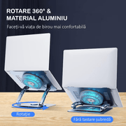 Suport Laptop Ergonomic, cu Sistem de Ventilatie prin Cooler, 3 viteze, Portabil, Stand Reglabil pe Inaltime, pentru Laptop si Tableta, compatibil cu toate Laptopurile 10-15.6'', cu Baza Rotativa 360°, Universal, Fabricat din Aluminiu
