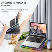 Stand De Racire pentru Laptop BeGenius® cu Suport pentru Telefon, 6 Ventilatoare ultra Silentioase, Cooler Laptop Gaming, Iluminare RGB, 10-45 grade, 2 Porturi USB, pentru Laptopuri pana la 17.3 inch, Negru