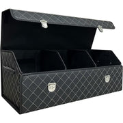 Organizator portbagaj auto Premium NextWave®️, Multifunctional, Pliabil, Rezistent, Manere Laterale, Prindere cu catarame, 1/2/3 compartimente, alb negru