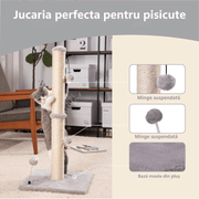 Ansamblu de joaca pentru pisici adulte sau pui, stalp pentru ascutit ghearelor, 2 bile suspendate, confectionat din sisan natural rezistent la zgarieturi, inaltime mare de 86 cm pentru protectia mobilei, gri