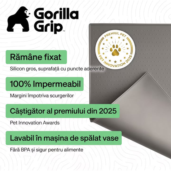Covoras pentru hranirea animalelor NextWave®️, protejeaza podelele, 100% impermeabil, margini ridicate de 0, 3 cm impotriva scurgerilor, suprafata antiderapanta, din silicon alimentar fara BPA, pentru boluri pisici si caini, 47 x 30 cm, gri